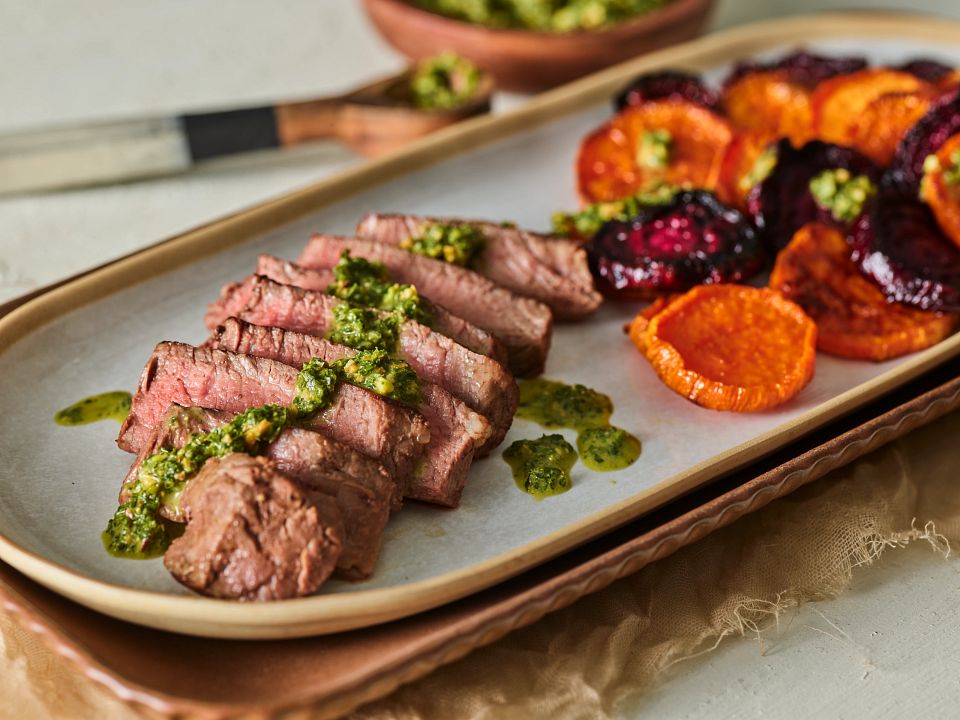 Steak and Roasted Sweet Potatoes and Beets with Kale Chimichurri